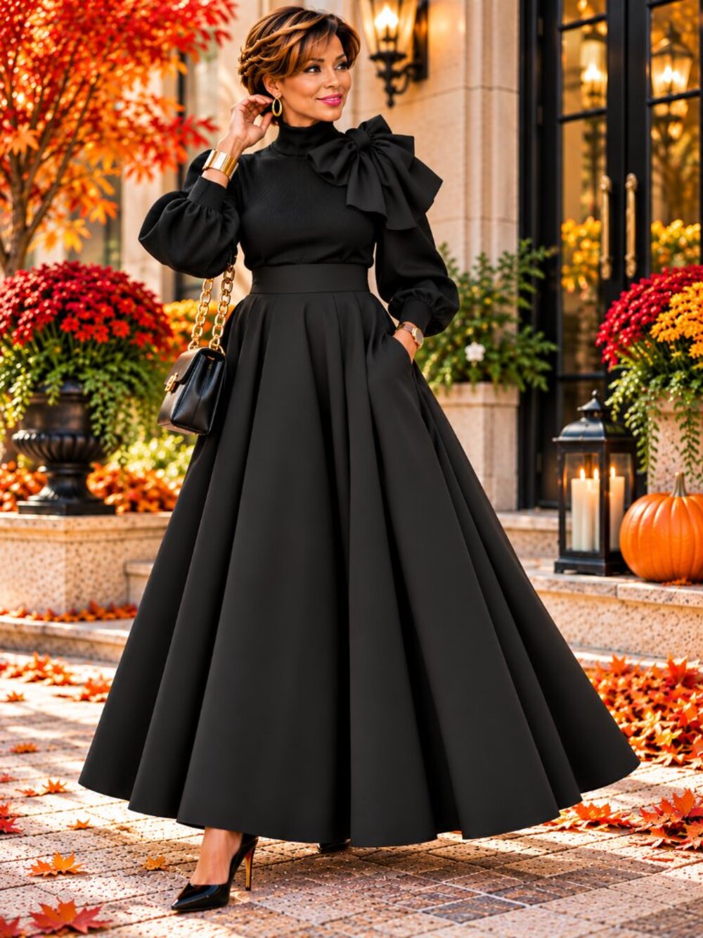 Black High Waist A-Line Maxi Skirt with Pockets Size XL